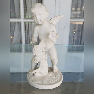 Mid Century Dresden Germany Porcelain Bisque Angel Cherub With Fruit, Rare
